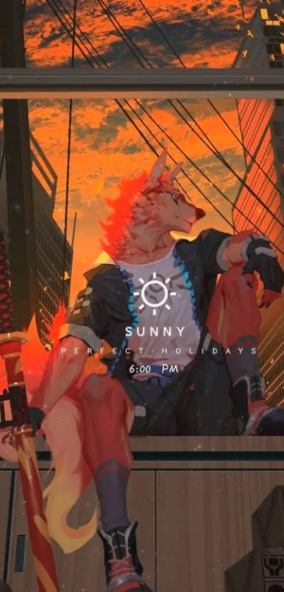 Futuristic wolf overlooking city at sunset.