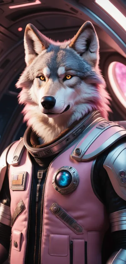 Futuristic wolf cosmonaut in pink space suit with cosmic backdrop.