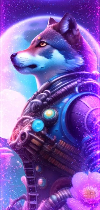 Futuristic wolf with neon colors and cosmic background in digital artwork.