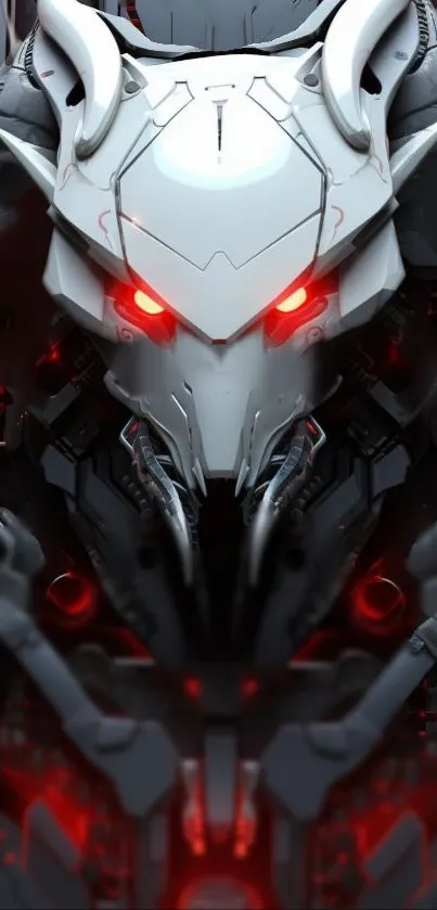 Futuristic robot wolf with red glowing eyes.