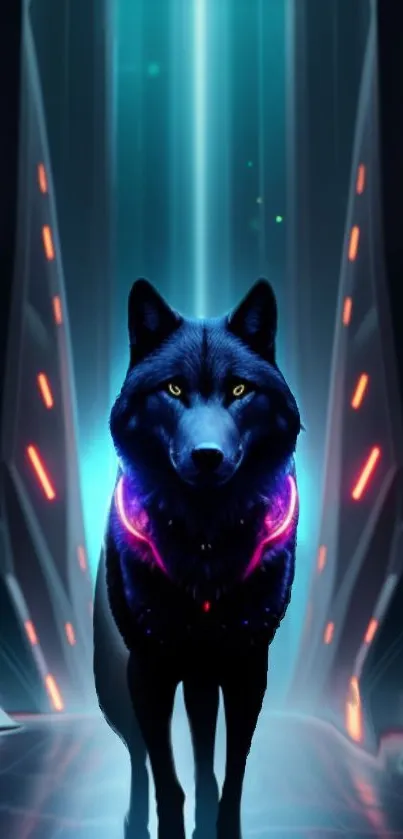 Futuristic wolf with neon lights in a digital space.