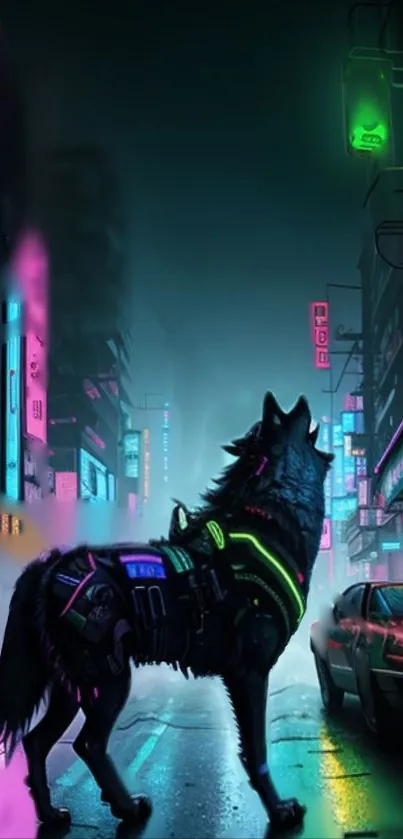 Futuristic cyber wolf on neon-lit city street wallpaper.
