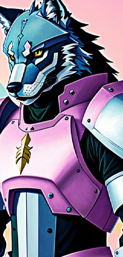 Futuristic wolf warrior in pink and blue armor design.