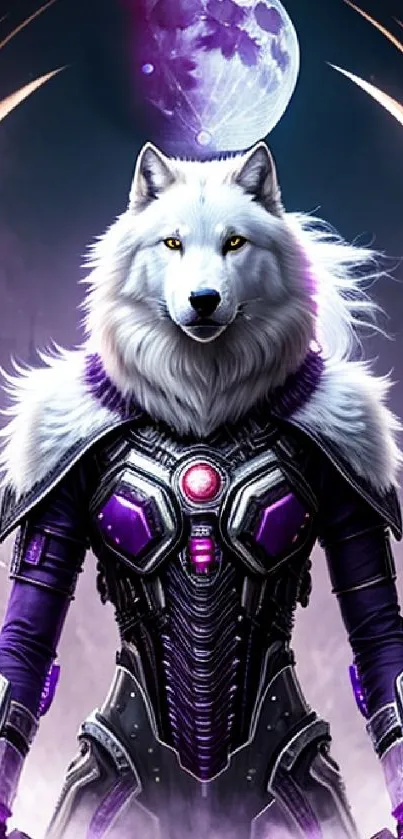 Futuristic wolf in armor under a glowing moon on a mobile wallpaper.