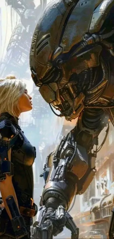 A futuristic woman faces a giant robot in a sci-fi city setting.
