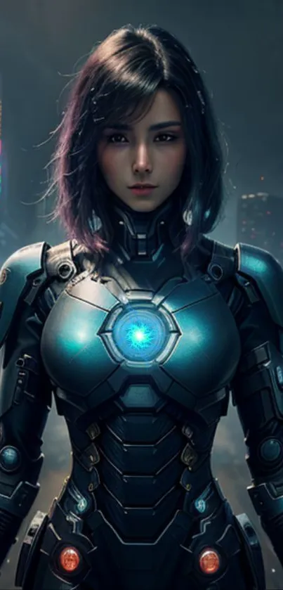 Futuristic female android in a cityscape with sleek armor and blue light.