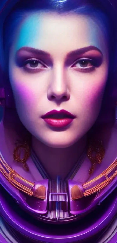 Futuristic art of a woman in purples and blues with sci-fi elements.