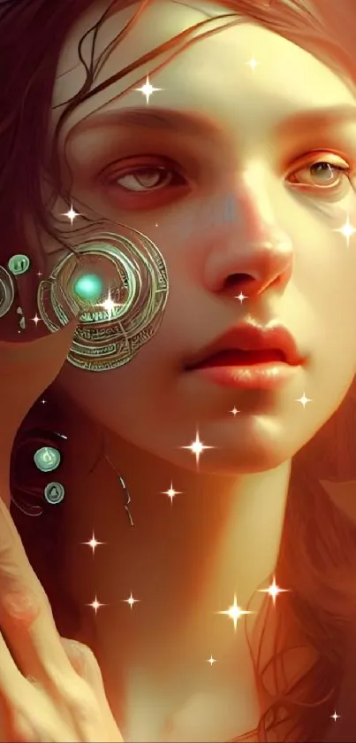 Futuristic digital art of a woman with cybernetic elements in warm tones.