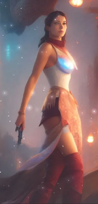 Futuristic woman in a cityscape with glowing lights and a mysterious atmosphere.
