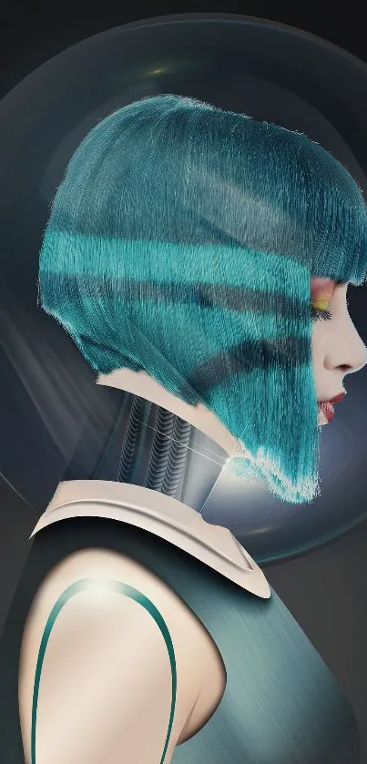 Futuristic woman with teal hair in profile view.