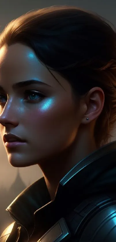 Futuristic woman with glowing skin in a dark, serene background.