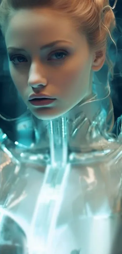 Futuristic woman in a sci-fi inspired setting with teal and metallic tones.