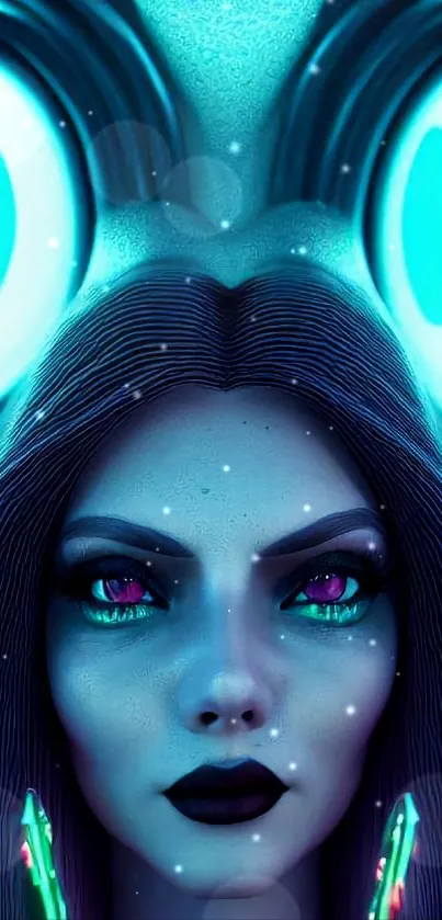 Futuristic woman with neon eyes and cyan background.