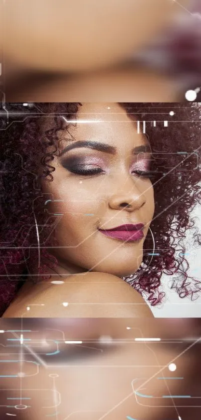 Vibrant wallpaper of woman with curly hair and digital effects