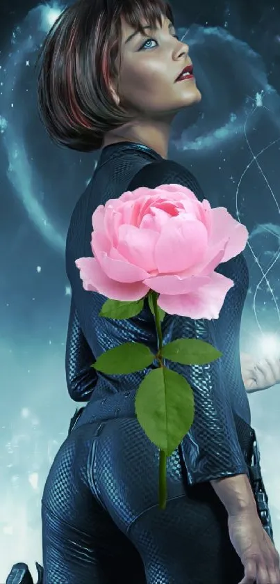 Futuristic woman with a pink rose and starry sky background.