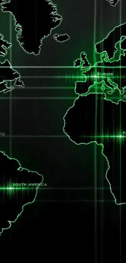 Futuristic world map with green glow lines.