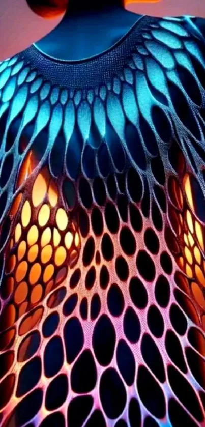 Abstract vibrant dress design with dynamic patterns.