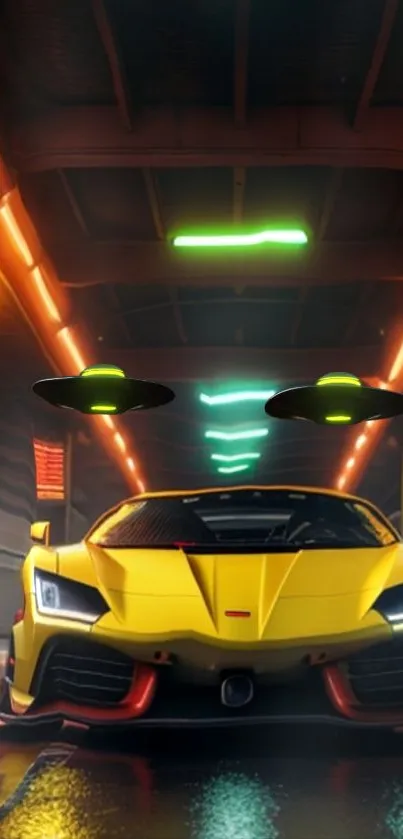 Yellow sports car under neon lights in a futuristic tunnel.