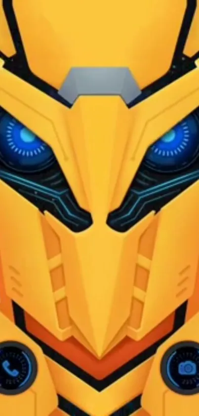 Futuristic robot face with yellow design and blue eyes wallpaper.