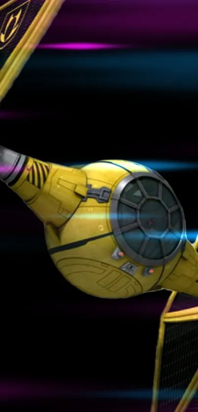 Futuristic yellow spaceship on black magenta background.