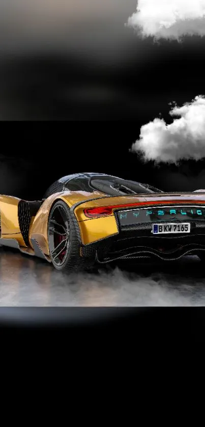 Futuristic yellow sports car with cloudy sky background.