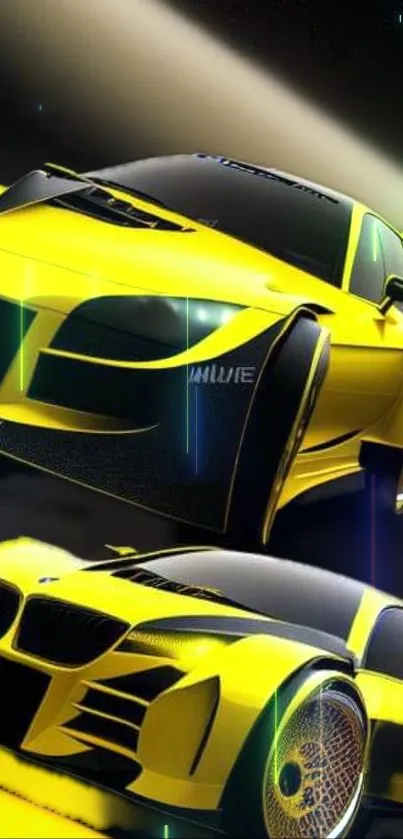 Futuristic yellow sports cars speeding under a dark sky, digital artwork.