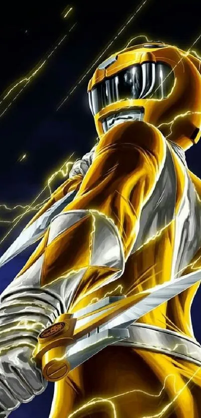 Futuristic warrior in yellow armor with blades and energy background.