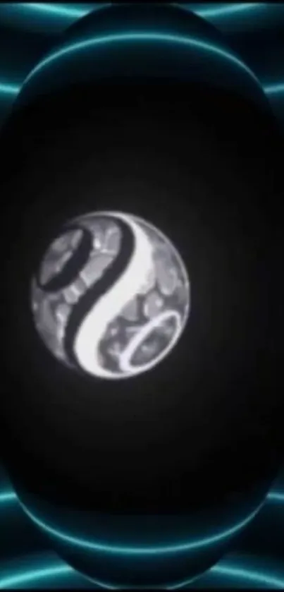 Futuristic Yin Yang sphere with neon light design.