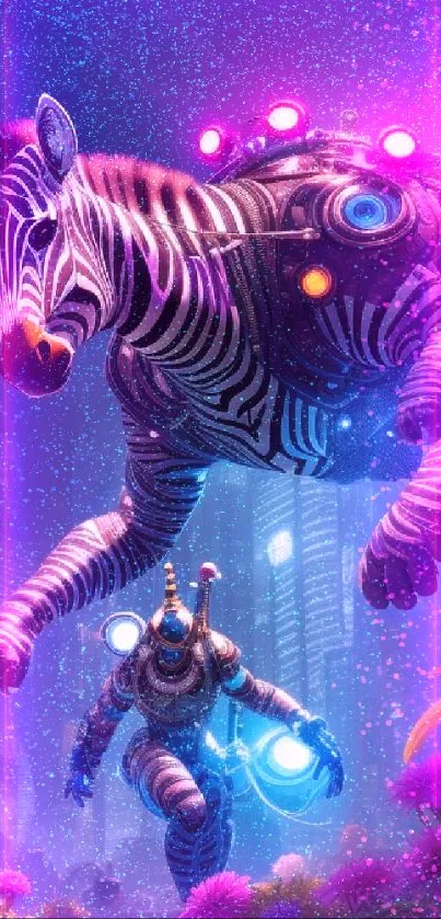 Futuristic robotic zebra against a vibrant cityscape.