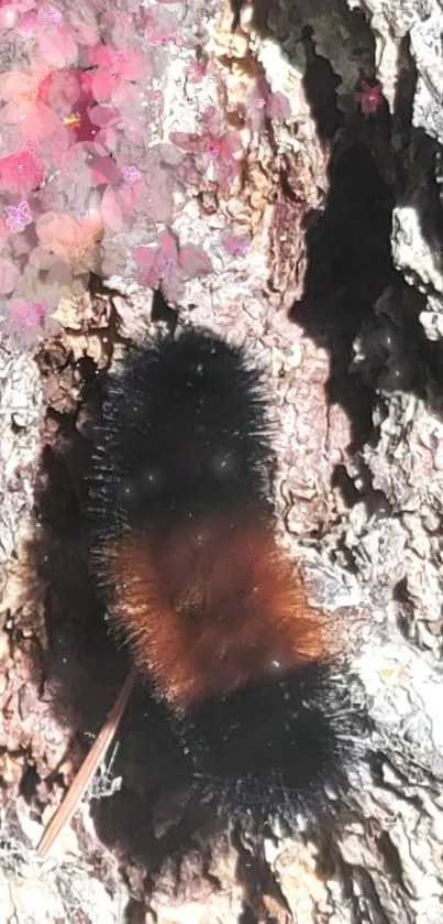 Fuzzy caterpillar on tree bark with pink flowers.