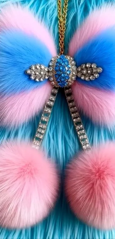 Decorative pink and blue fuzzy bow with gemstones.
