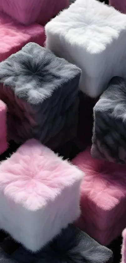 Fuzzy pastel cubes in pink, gray, and white.