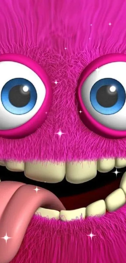 Fuzzy pink monster with cartoon eyes and tongue sticking out.