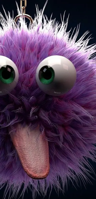 Fuzzy purple monster with big eyes and tongue on dark background.