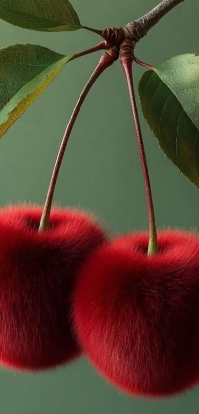 Fuzzy red cherries hanging on a green twig.