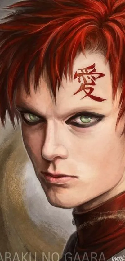 Anime portrait of Gaara with red hair and intense gaze.