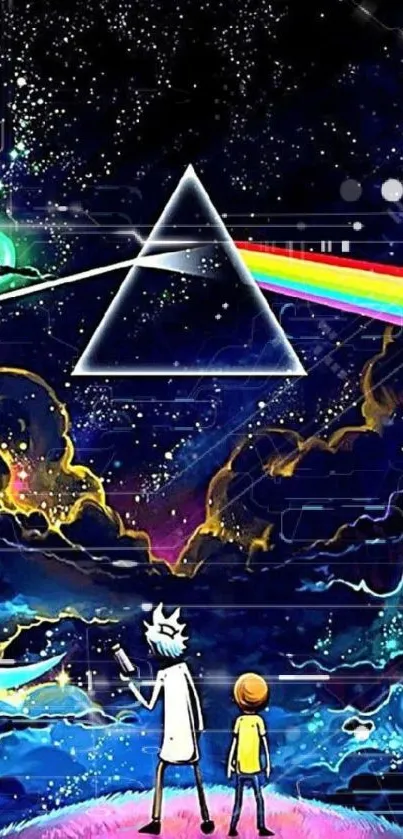 Cosmic adventure wallpaper with triangle prism and rainbow light.