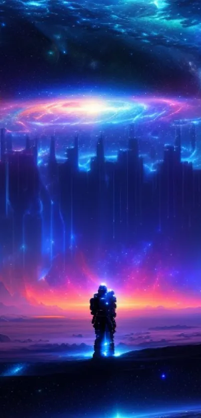 Lone figure standing under a vibrant cosmic skyline with galaxy elements.
