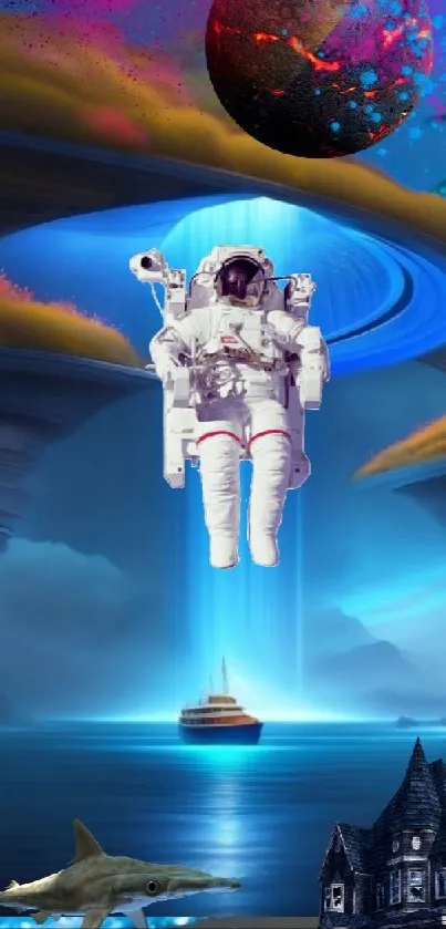 Astronaut floating in a surreal cosmic landscape with an ocean view.
