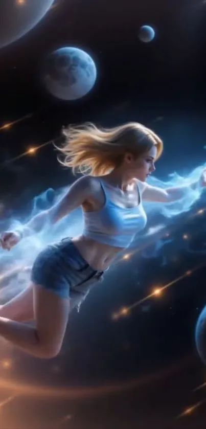 Woman in space with galaxy backdrop wallpaper.