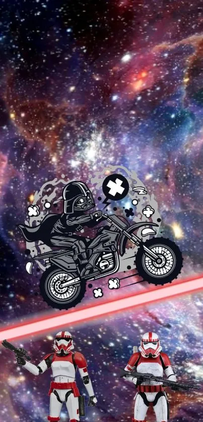 A cosmic-themed wallpaper with a space rider on a bike, set against a vibrant galaxy.