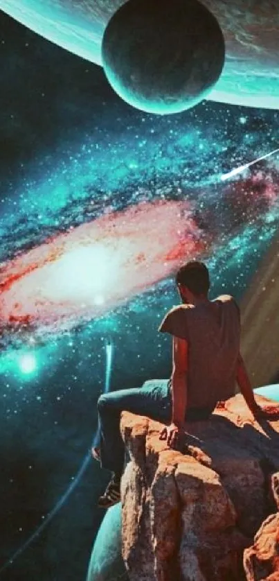 Person gazing at galaxies and planets in a cosmic wallpaper.