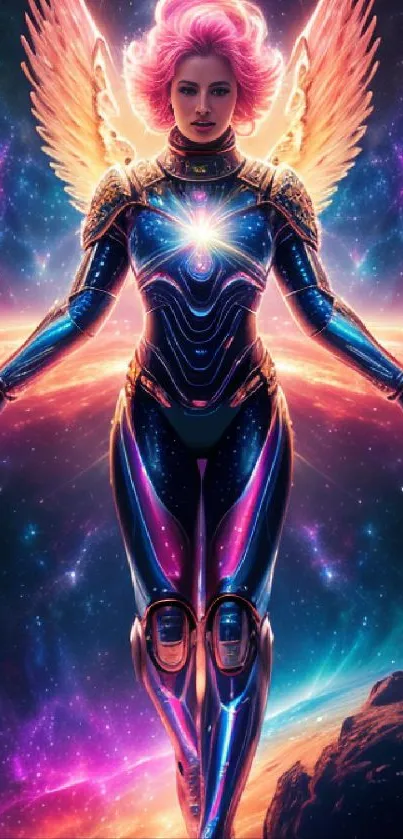 Galactic angel with vibrant wings in a cosmic setting, ideal for mobile wallpaper.