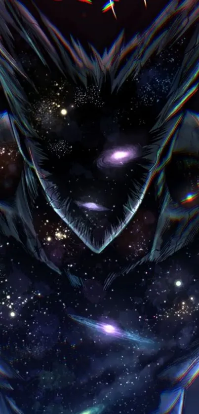 Mystical anime character with a cosmic galaxy theme in dark hues.