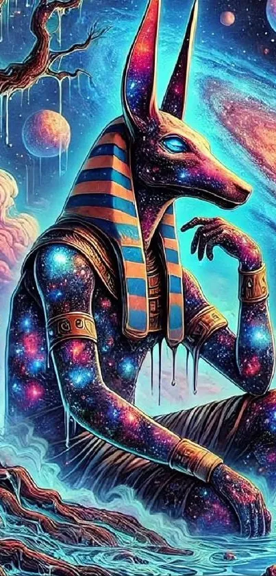 Anubis in galaxy-themed fantasy art wallpaper