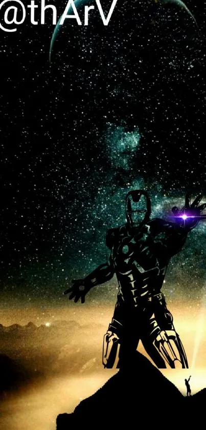 Silhouetted armored figure against a starry cosmic background with galaxy elements.