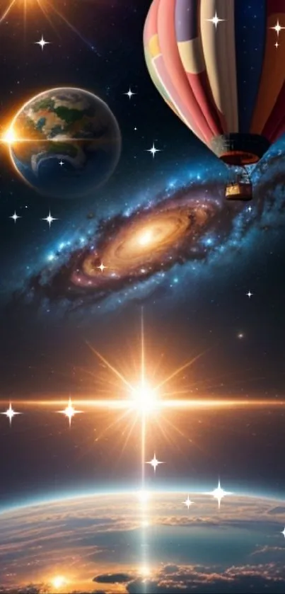 Hot air balloon floats through a galaxy, with planets and stars surrounding.