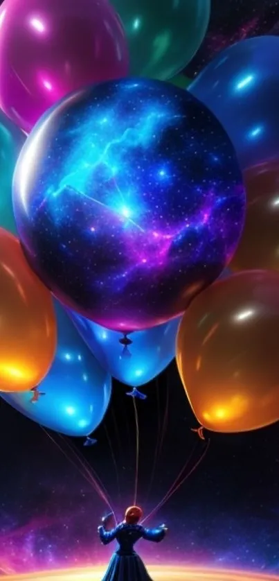 Person with cosmic balloons in night sky.