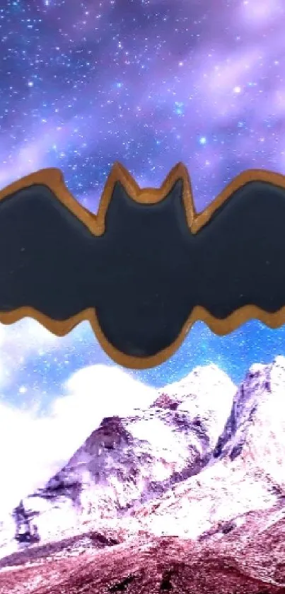 Bat silhouette over starry mountain landscape wallpaper.