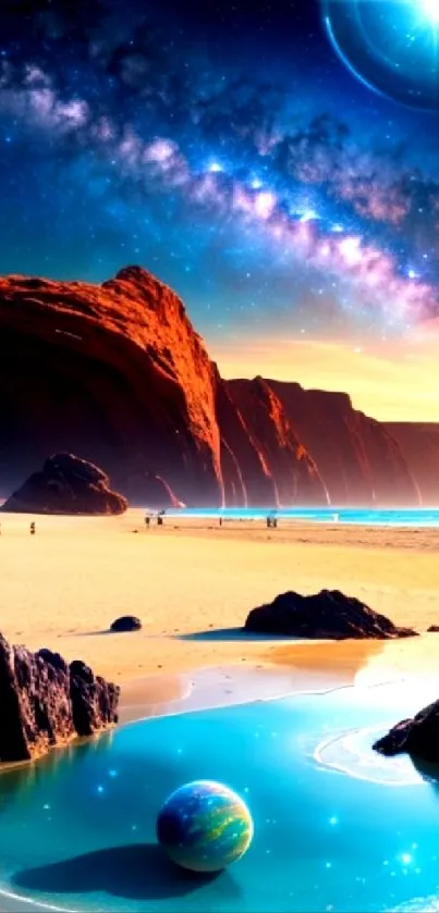 Fantasy galactic beach wallpaper with vibrant colors and night sky.